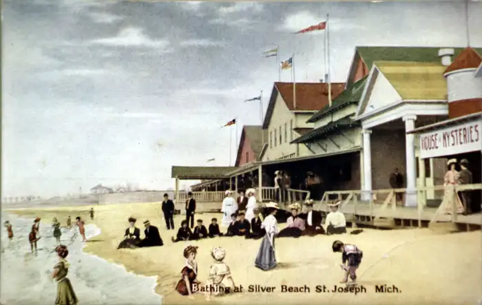 a colored historic photo of the Silver Beach boardwalk